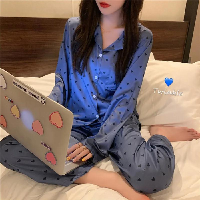 Women's Lingerie Pajamas Set Two-piece Silk Pajamas Long-sleeved Cardigan Trousers Printed Home Clothes Warm Season and Autumn Pajamas