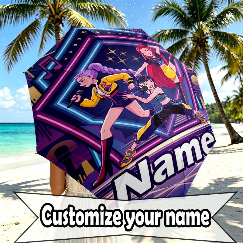 Custom Name Personalized Kpop Demon Hunter Print Umbrella, Auto Open Close, 8‑Rib Sturdy Frame, Commute Camping Hiking Use, Birthday Gift