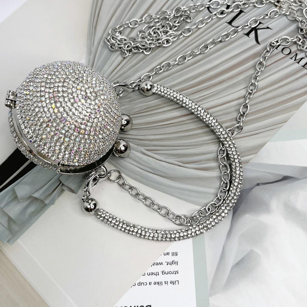 Silver Crystal Ball Mini Chain Crossbody Bag With Sparkling Rhinestones For Daily Use
