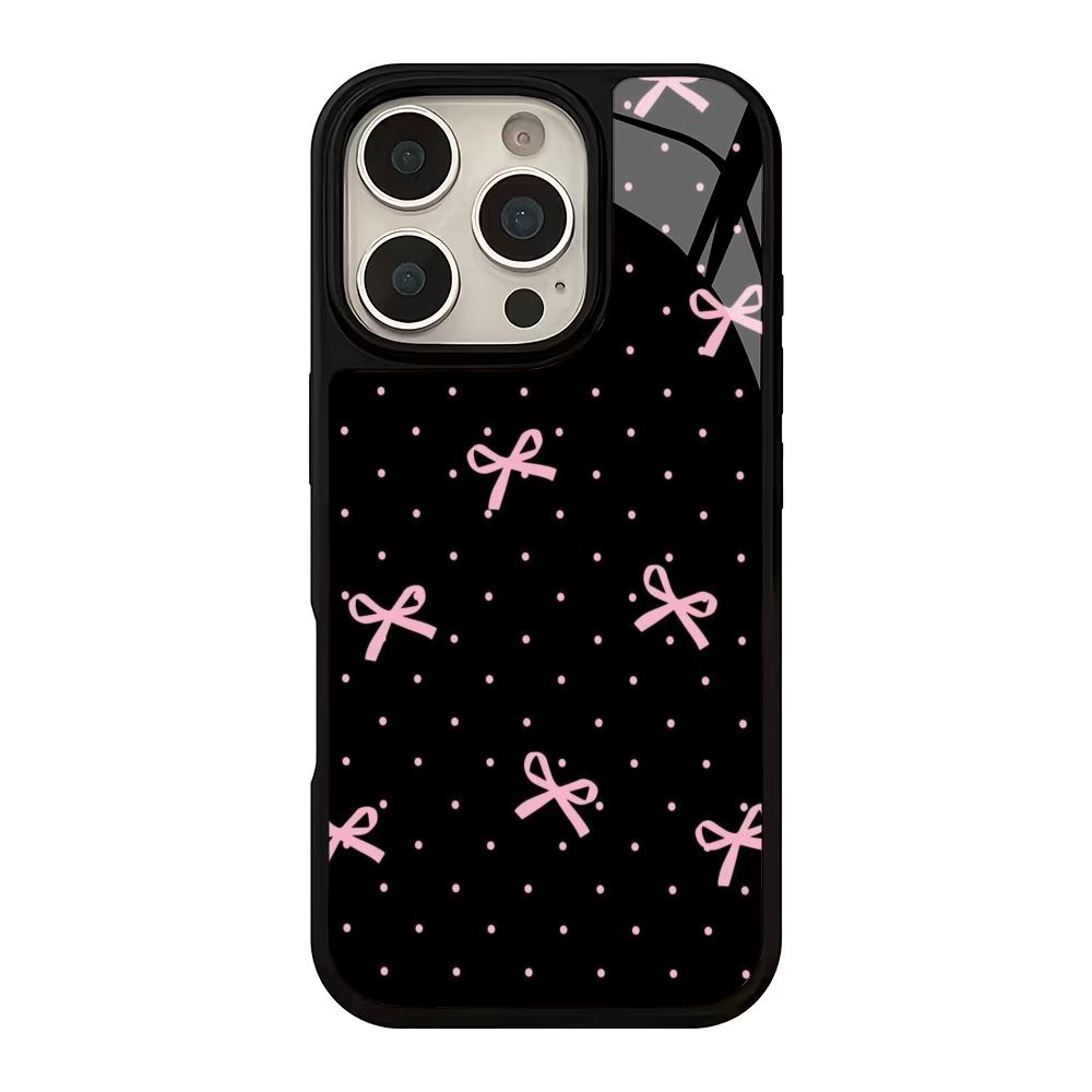 Black Background Bow Design Glass Phone Case Suitable for iPhone 17 16 15 14 13 12 11 Pro/Max/Plus Anti Drop and Shockproof
