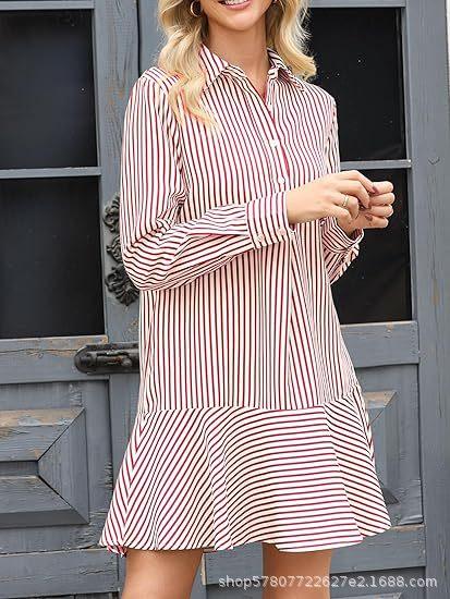 2026 Women s Striped Shirt Dress Long Sleeve Neck Ruffle hem Button Waist Elegant Dress S