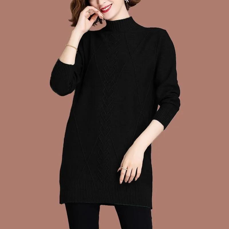 Mid-length Knitwear Women's Half High Neck Sweater Pullover Autumn Winter Warm Solid Knitted Sweater Jumper Female Tops Bottoming Shirt