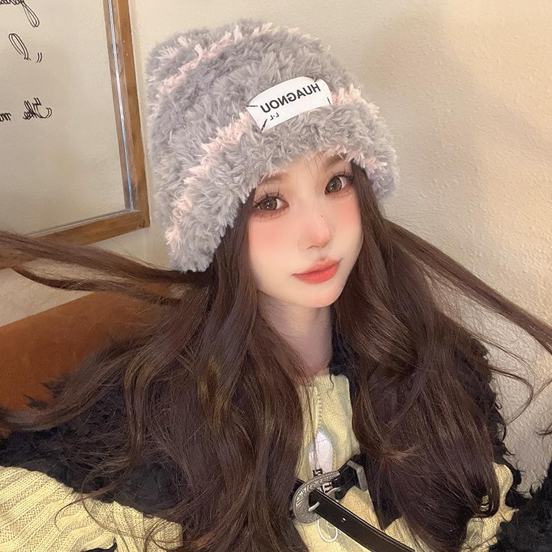 New Autumn and Winter Bear Plush Ear Protection Knitted Hat Korean Version of Versatile Warm Face-showing Small Wool Hat