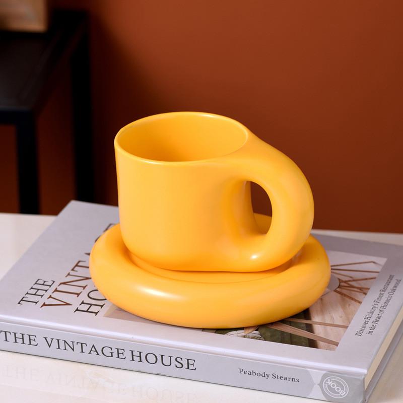 Ceramic Coffee Mug With Saucer Set Novelty Cute Fat Handle Cup  For Office And Home For Latte Tea Milk