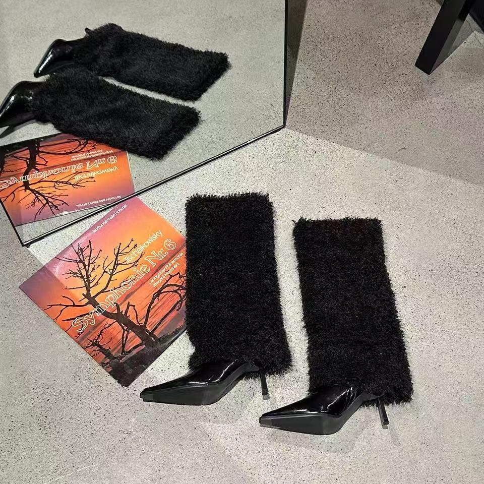 

Fashion The 2025 autumn/winter new style of fashionable and warm furry pointed-toe thin-heeled stylish long-sleeved fashion boots 35 чёрный