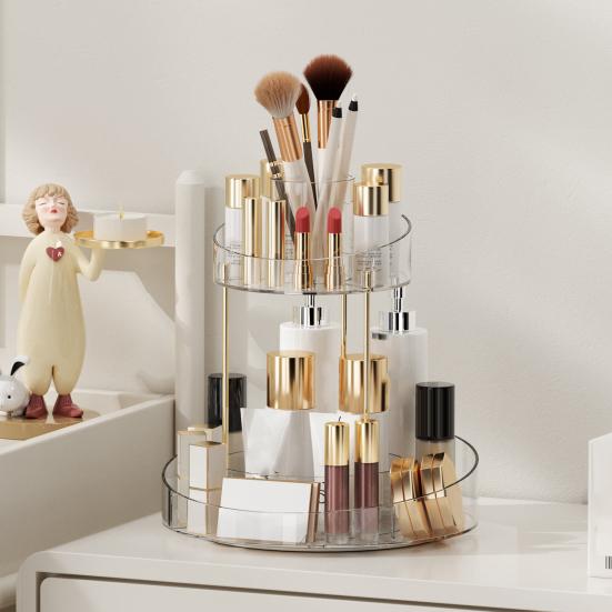 Makeup Perfume Cosmetic Organizer Skincare Rotating Vanity Separated Compartments 2 Tier Spinning Display