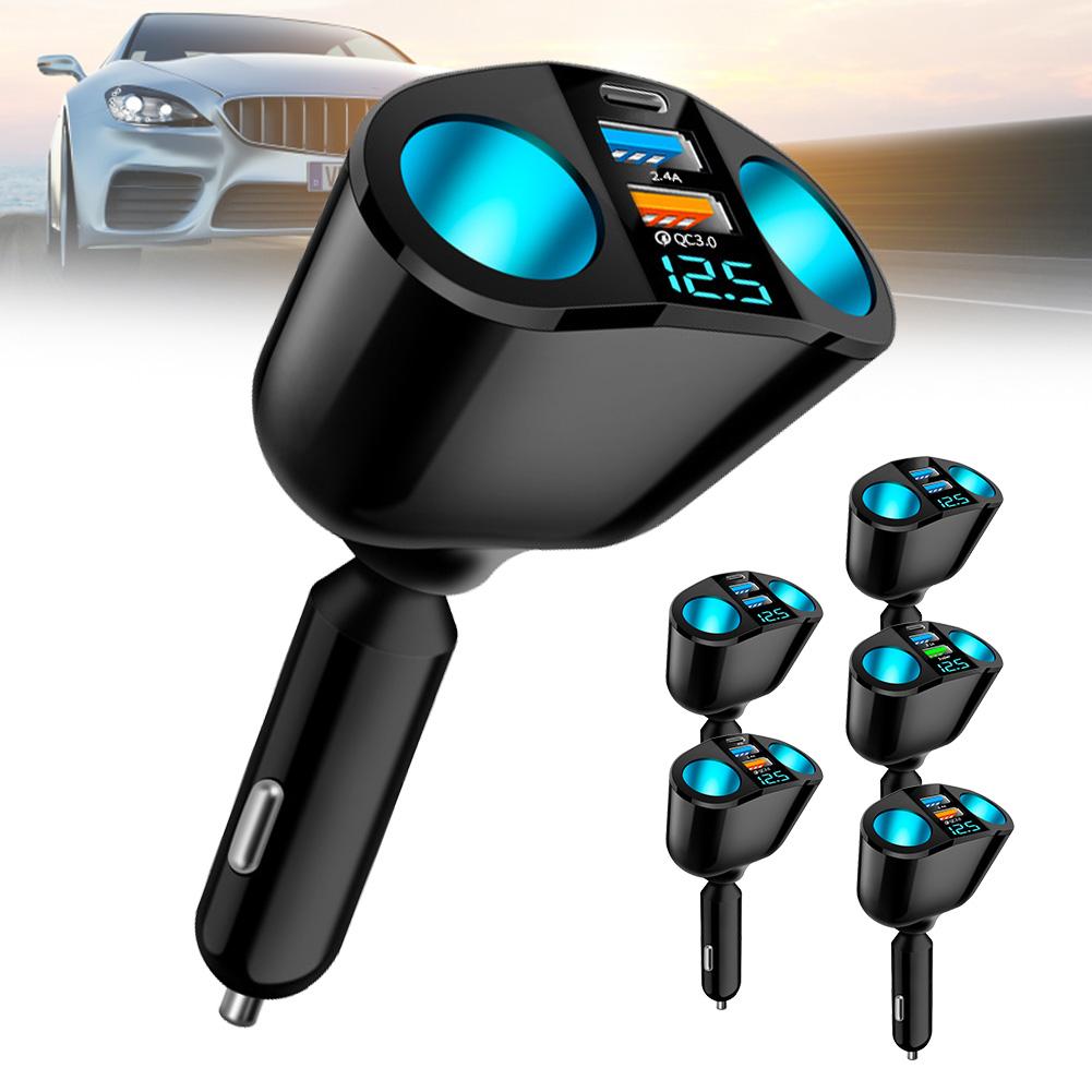 Dual USB Type-C Car Charging Digital Display QC3.0 Fast Charging Multi-function Cigarette Lighter Expansion Car Charger