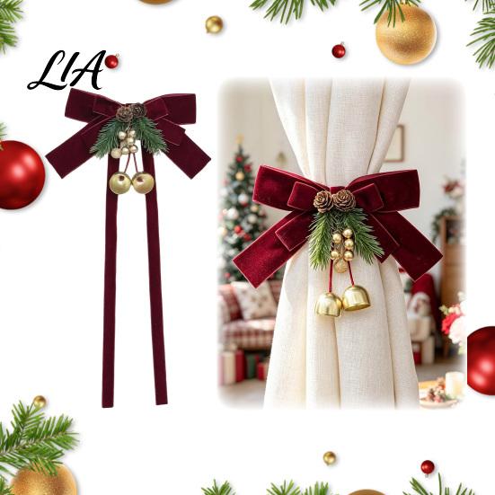 Festive Drapery Holdbacks Christmas Velvet Curtain Tiebacks with Golden Bells, Artificial Pine Needle, Holiday Party Supplies Cones, Decorative Drape