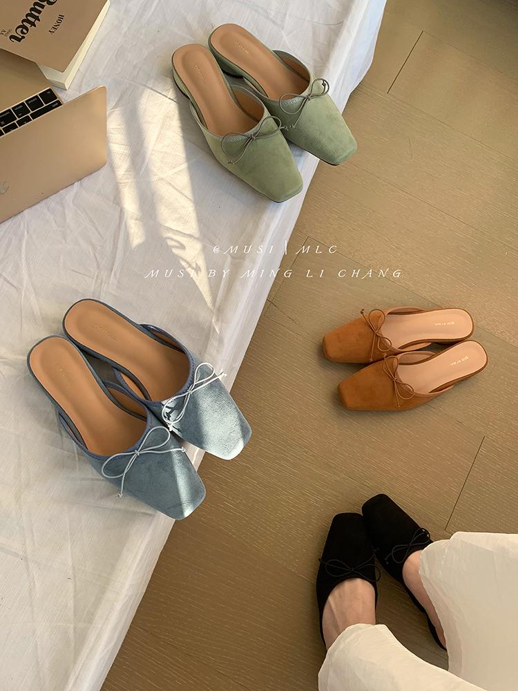 Women‘s Summer New Sandals Casual Slip on Lady Mules Butterfly-knot Comfort Slippers Square Toe Slingback Ladies Flat Sandals