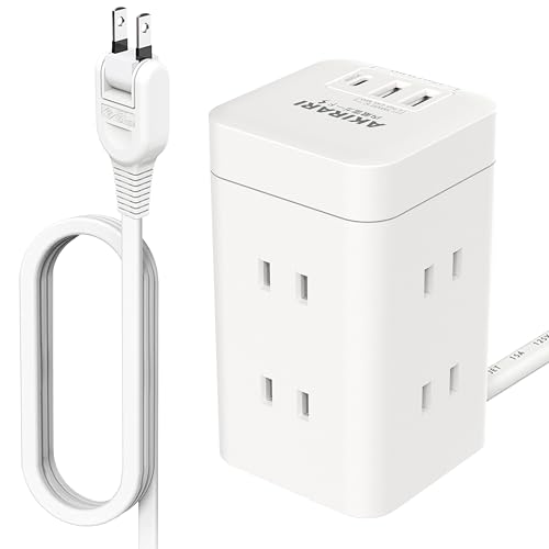 Tower Power Strip with PD20W Fast Charging, 6 USB Ports, 2 USB-A Ports, 1 Type-C Port, 1m Mini Extension Cord, Lightning Protection, Multi-Tap, Octopu
