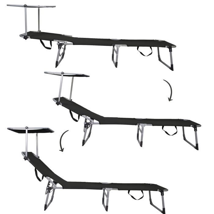 Liegestuhl - SPRINGOS - Klappbar mit Sonnendach - 188 x 57 cm - Metall - Schwarz