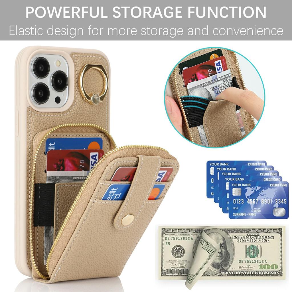 For iPhone 13 Pro Max/12 Pro Max Case with Zipper Pouch/Ring Kickstand/Strap Litchi Texture PU + TPU Phone Cover