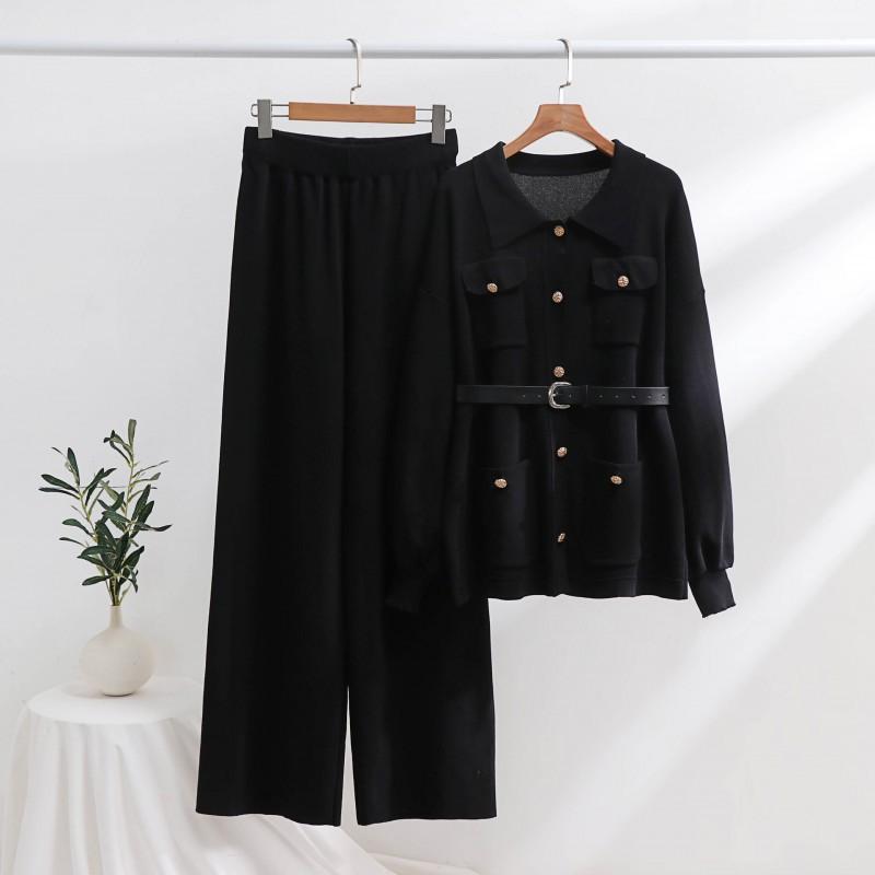 Knitted Sweater Set Polo-neck Loose Coat High Waist Wide-leg Pants Two-piece