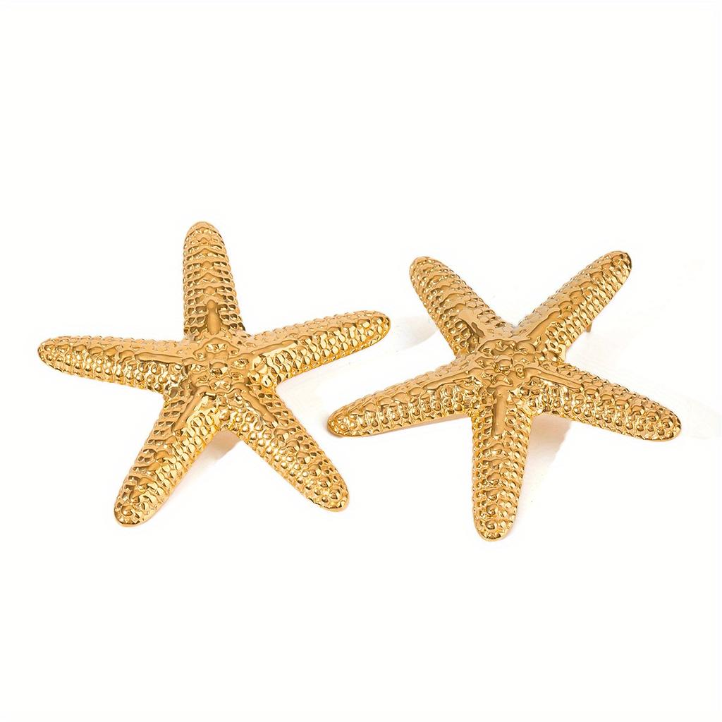 1 Pair of Pentagonal Starfish Shaped Earrings , Bright Gold Metallic Texture,  Highlighting Exquisite and Noble Sense