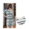 Women Striped 2 Piece Outfit Irregular Hem Short Sleeve T-shirt Drawstring Elastic Waist Shorts Casual Summer Tracksuit Loungewear Set