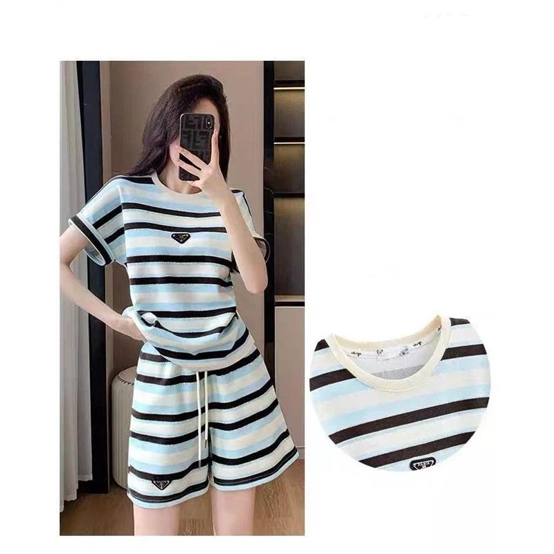 Women Striped 2 Piece Outfit Irregular Hem Short Sleeve T-shirt Drawstring Elastic Waist Shorts Casual Summer Tracksuit Loungewear Set
