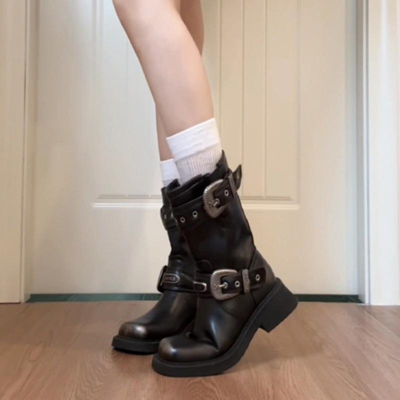 Cowhide version~ Leather medium tube Martin boots thick heel Maillard boots women's retro polished western cowboy boots short boots