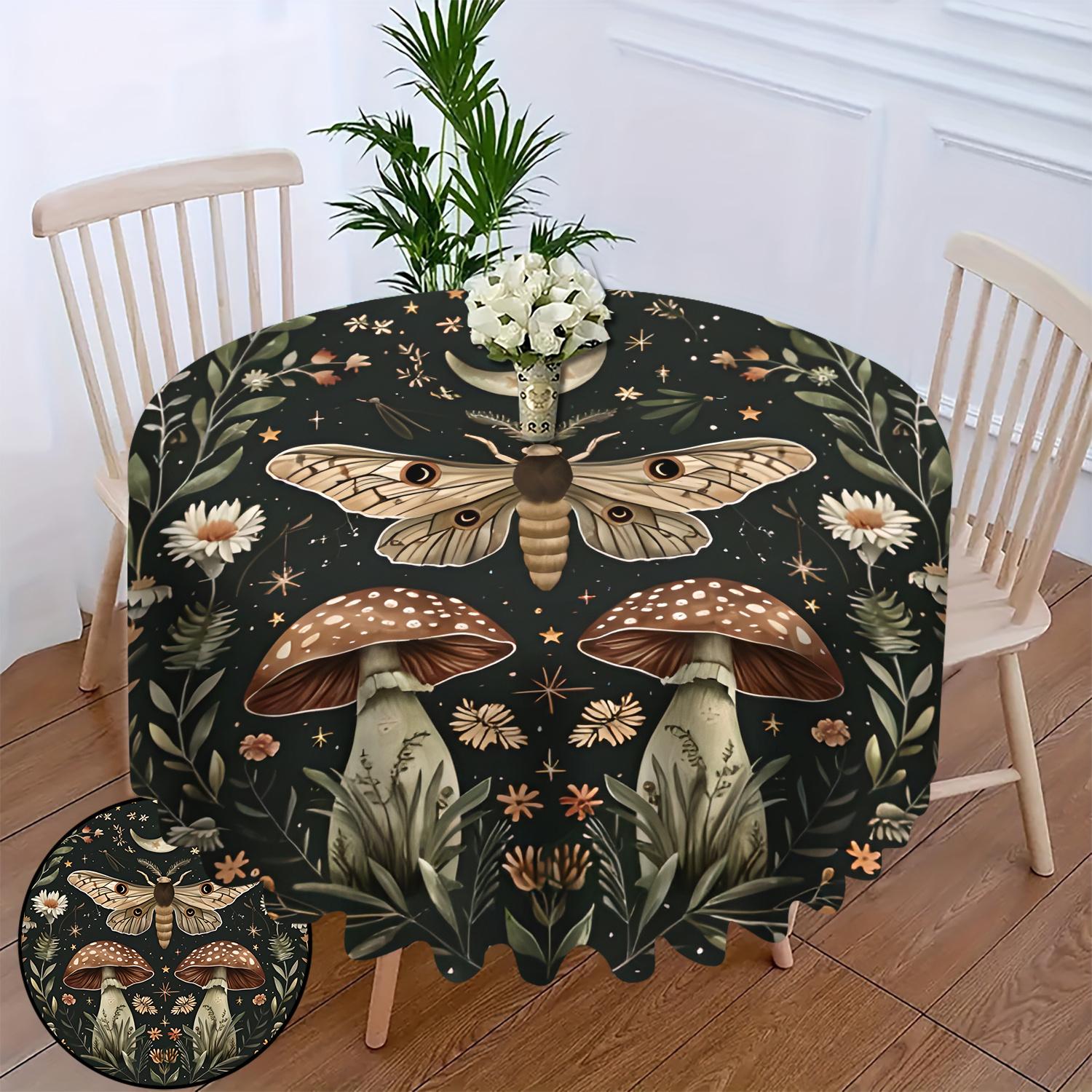 VIKAMA Scandinavische Mori Mot Paddenstoel Tafelkleed Geschilderde Natuurlijke Elementen Waterdicht Vlekbestendig Rond Cafe Huisdecoratie 140x140cm