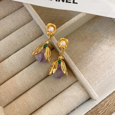 Medieval Style Niche Retro Amethyst Stone Earrings Light Luxury Temperament High-End Earrings Niche Design Ear Holes