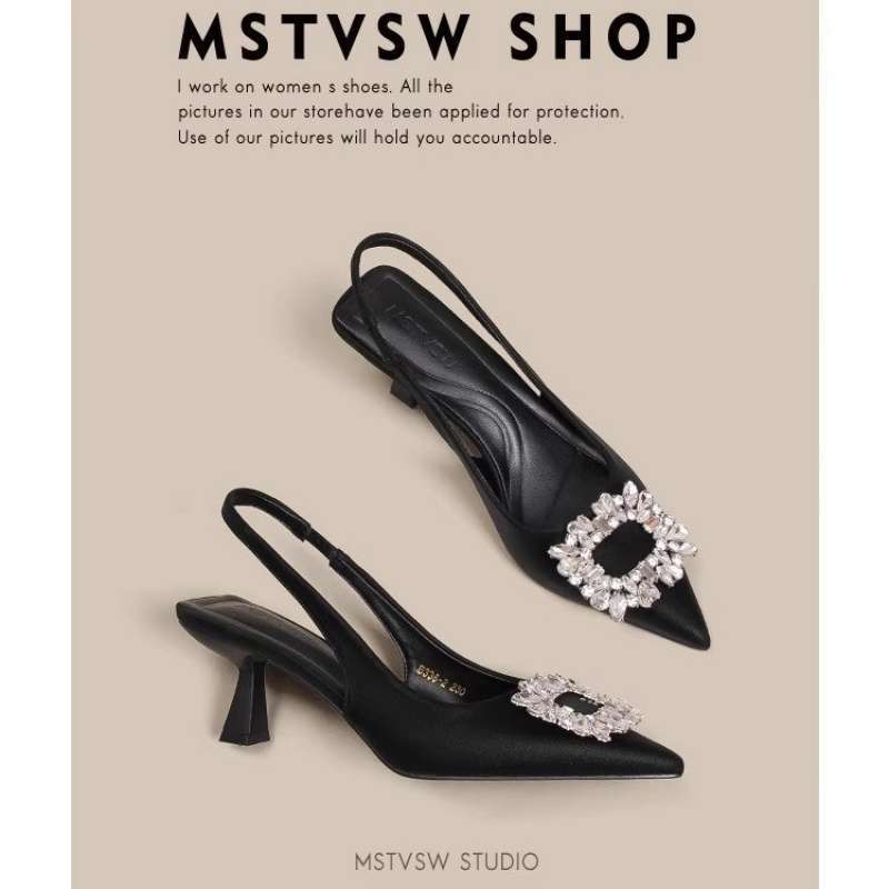 Baotou French high heels women's 2025 new temperament socialite Xiaoxiangfeng Baotou sandals rhinestone pointed single shoes women