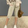European & American Cotton Linen Casual Pants with Elastic Waist and Pockets, 7/8 Length, Pure Color.