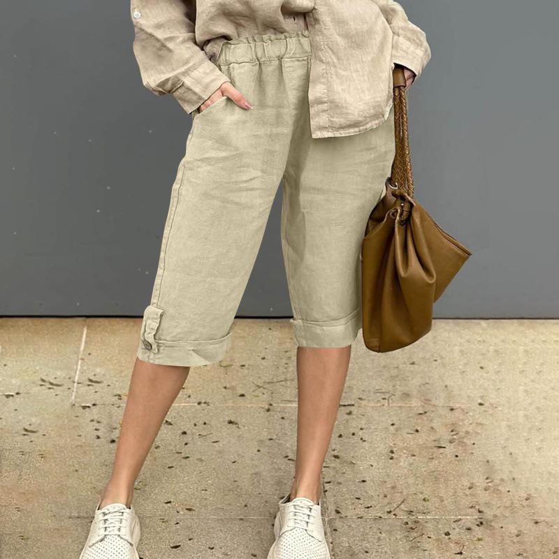 European & American Cotton Linen Casual Pants with Elastic Waist and Pockets, 7/8 Length, Pure Color.