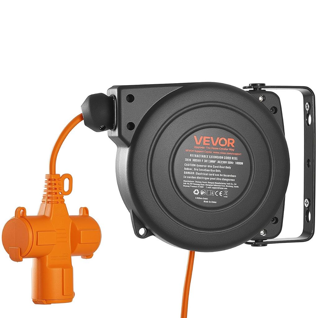 Retractable Extension Cord Reel 10 M Heavy Duty 16AWG / 3C Orange, for Ceiling/Wall Mount, Overheat Protection, Automatic Retractable Power Cord,