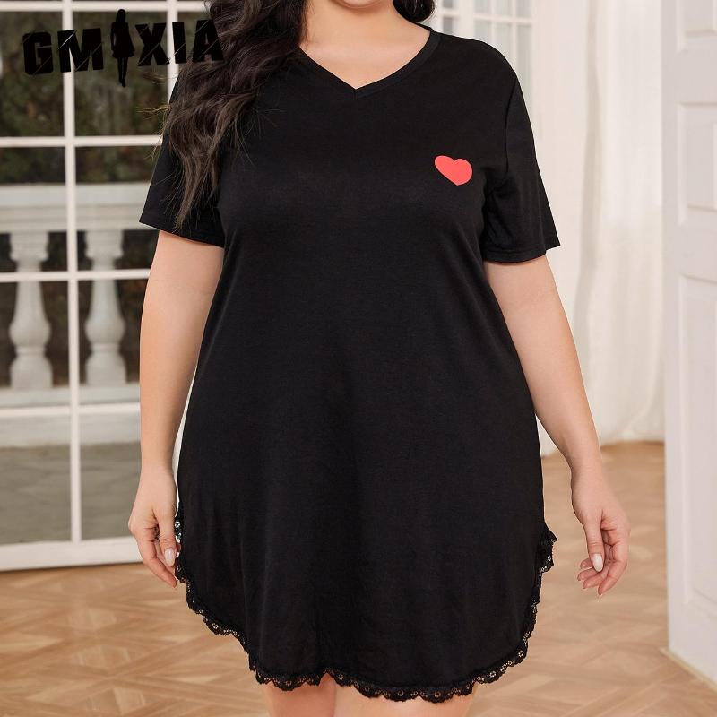 GMXIA Large Size Pajamas Women's Spring and Summer Short-sleeved Nightgown Loose Homewear