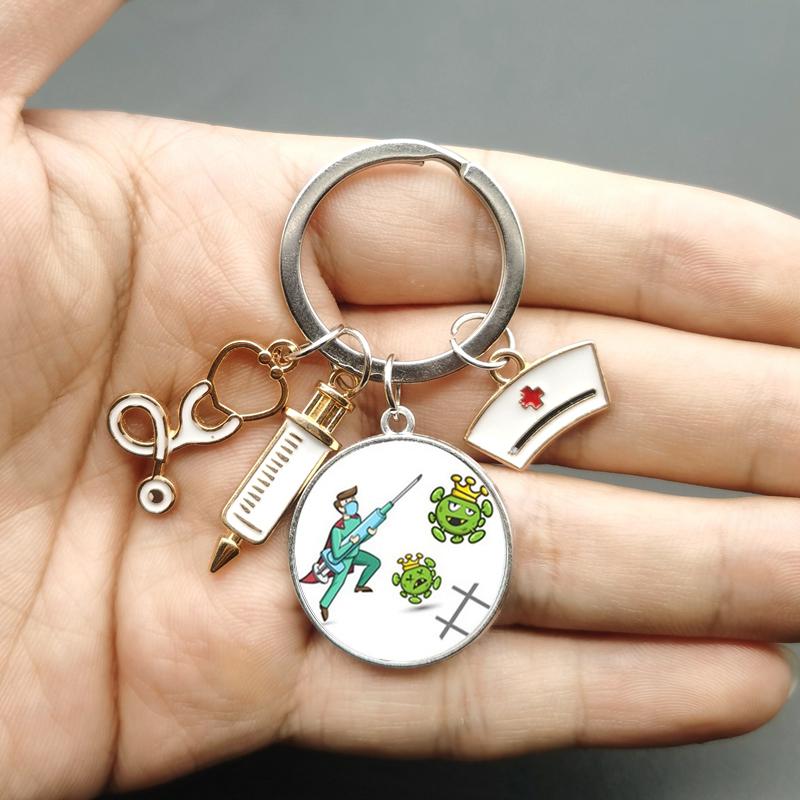 Paint Fashion Creative Nurse Medical Syringe Stethoscope Image Keychain Glass Suitable Nurses and Doctors Key Ring Pendant Gift