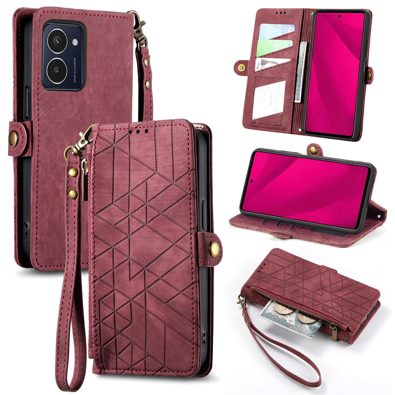 

For HMD Pulse Pro Zipper Wallet Case Geometry Lines Leather Phone Cover with Strap Red
