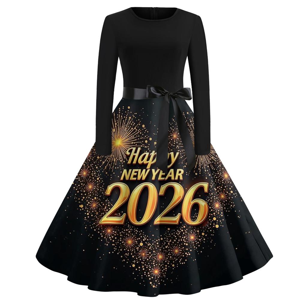 Women's Casual Fashion Round Neck Long Sleeve New Year Printed Retro Dress