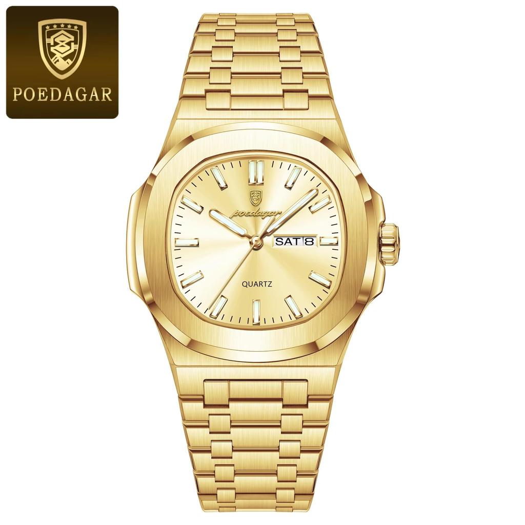 Luxury Square Men's Watches Waterproof Luminous Date Week Men Watch Stainless Steel Fashion Quartz Wristwatch