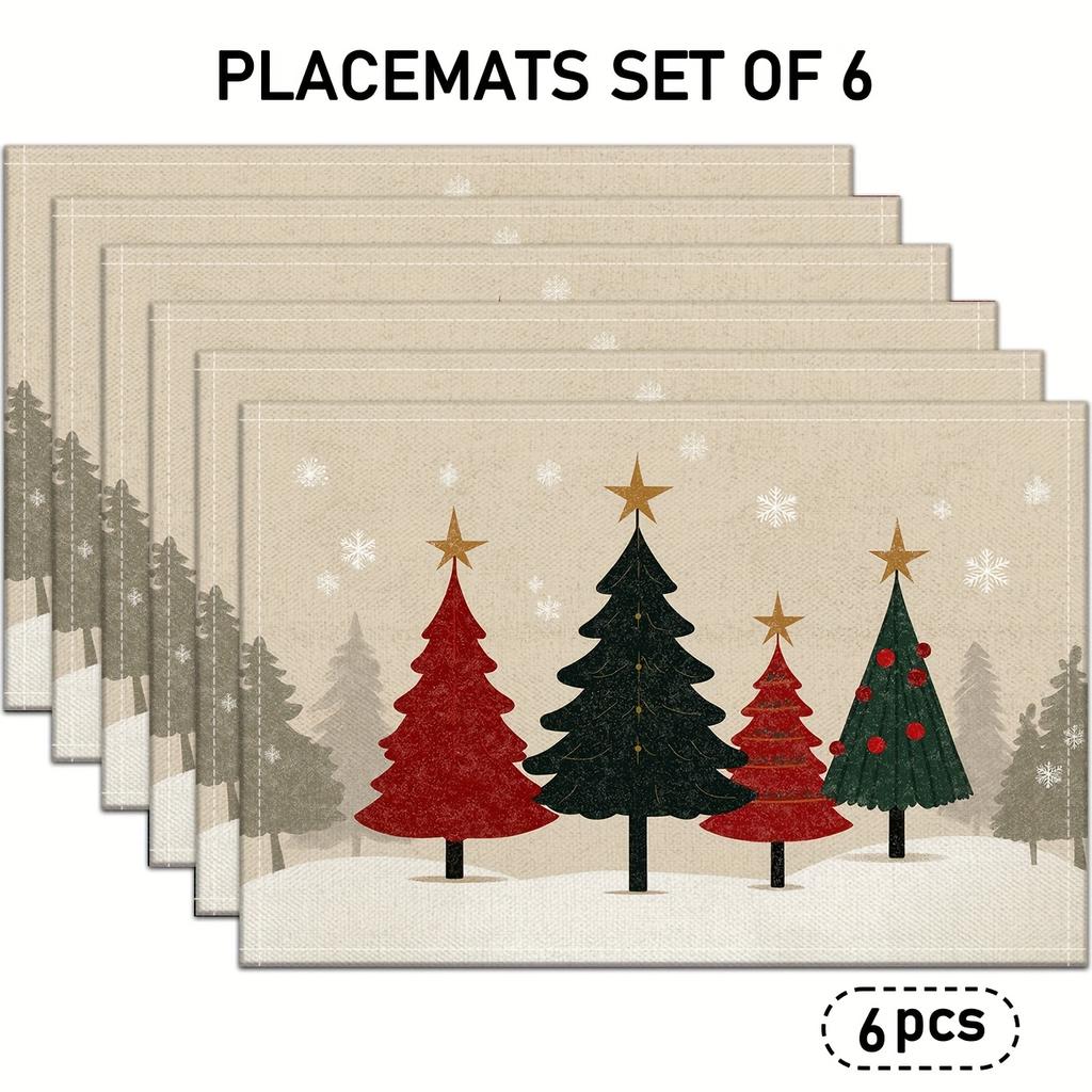 Set of 4/6 Holiday Christmas Placemats Featuring Pine Trees And Snowflakes, Perfect for Festive Dining Tables And Kitchen Decor. These Modern Linen Ta