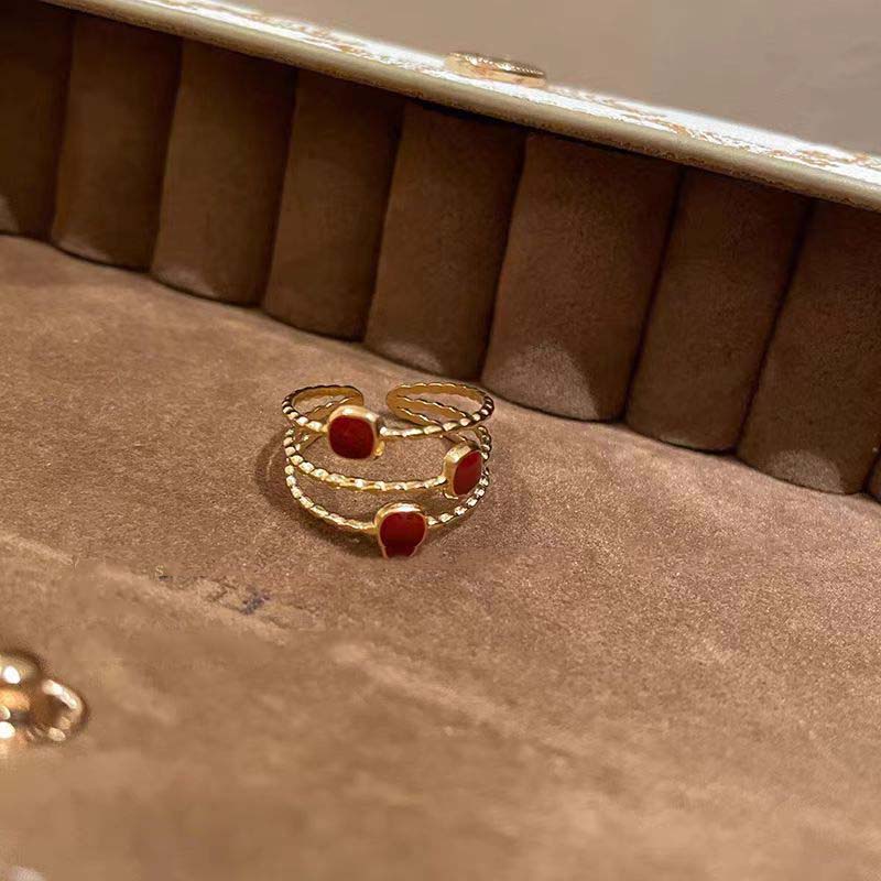 Vintage Red Drip Glazed Heart Rings for Women Girl Elegant Fashion Enamel Multi Layered Open Ring Statement Wedding Jewelry Gift