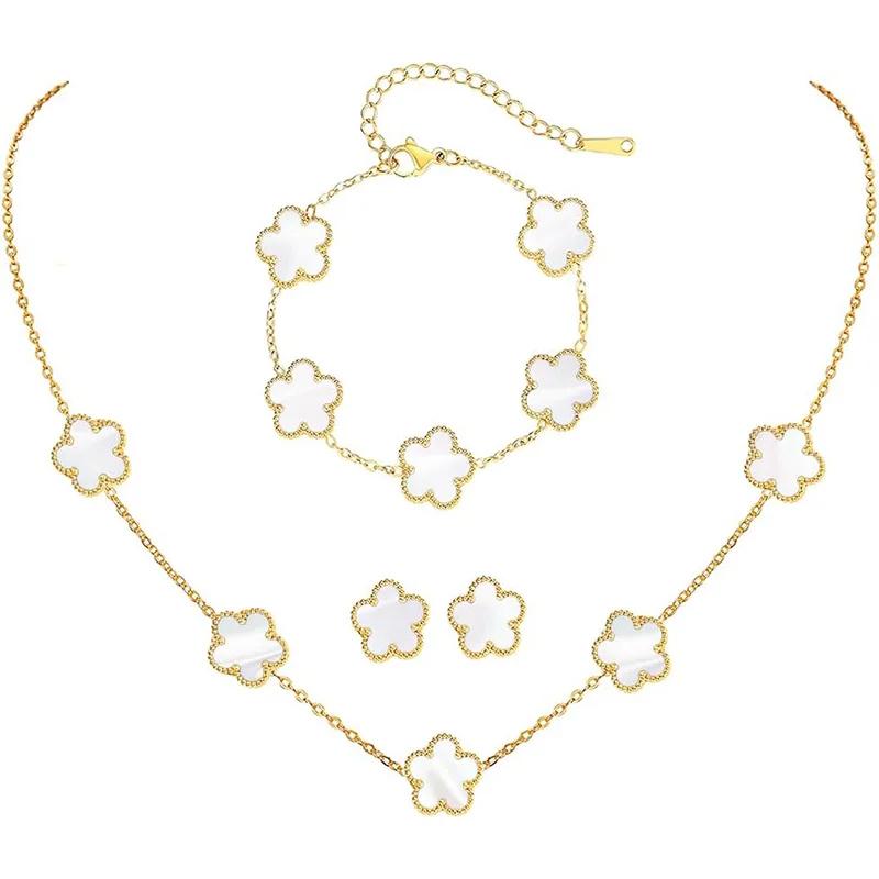 Conjunto de Joias Trevo Cor Prata para Mulheres Aço Inoxidável Hipoalergênico À Prova D'água Brincos Flor Colar Corrente Pulseira Novo