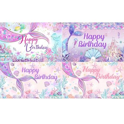 Mermaid Theme Happy Birthday Background Pink Purple Kids Girls Birthday Party Banner Decoration Home Photography Backdrop New