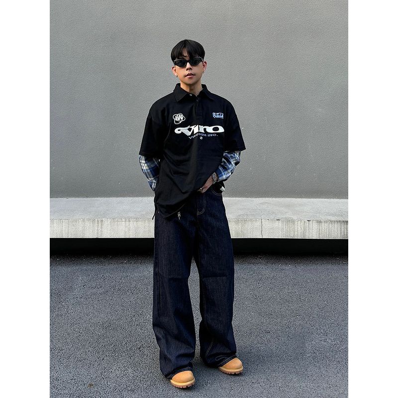 Blaexit American-Style Dark Blue Denim Jeans for Men, Vintage Straight-Leg Loose Casual Flared Original Color Wide-Leg Pants