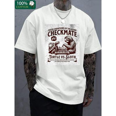 European Sizes Men'S T-Shirt | Casual Crew Neck Short Sleeve Tee With Checkmate Vs Sloth Print | Breathable Knit Fabric