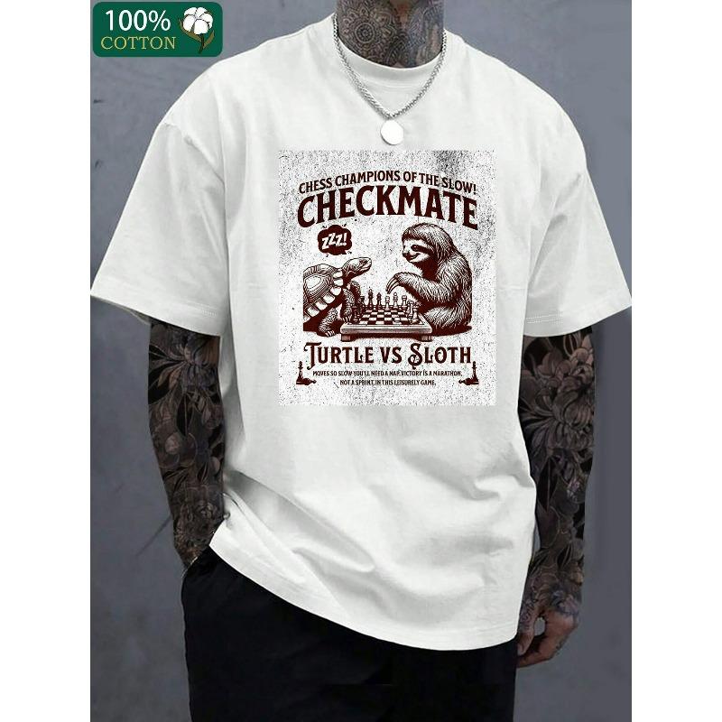 

European sizes Men S T-Shirt | Casual Crew Neck Short Sleeve Tee With Checkmate Vs Sloth Print | Breathable Knit Fabric 4XL