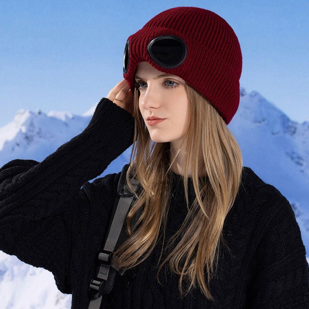 Windproof Winter Glasses Caps Removable Glasses Knitted Hat Warm Ski Mask Hats Climbing Mountains