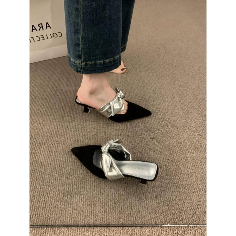 New Style Woman Designer Mesh Open Heel Sandals Shoes Print Pointed End Women High-heel Pumps Sexy Stiletto Lady Mules