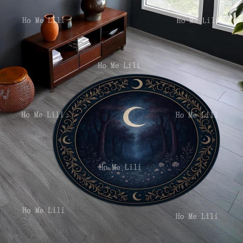 Moonlit Forest Crescent Moon Carpet With Mystical Woods Design Celestial Blue For Dreamy And Gothic Round Rug Mat Inspired 60X60cm