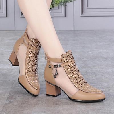 Stivaletti Sexy Neri in Rete alla Caviglia in Vera Pelle da Donna Estivi Stivali con Tacco Quadrato in Cristallo Stivali Donna Pizzo Bianco Corti Botas Mujer