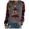 Women's Fashion Plaid Patchwork Christmas Print Round Neck Long Sleeve T-Shirt Top