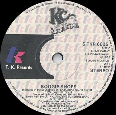 7inch Record KC  THE SUNSHINE BAND  Boogie Shoes STKR6025 T.K. Records 1978 UK SoulFunk Used