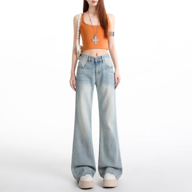 Light blue Tencel slightly pulled jeans women's summer new medium and low waist without sticking to the legs and showing thin horn pants