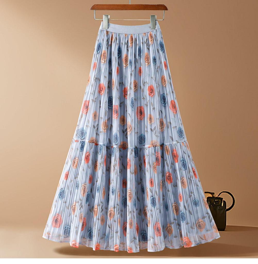 Qooth Chiffon-Midirock mit Blumenmuster, hoher Bund, A-Linien-Rock, femininer Stil für Frühling Sommer QT2605