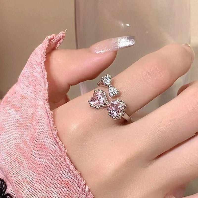 Pink diamond bow ring, women's light luxury temperament index finger ring, niche design, high-end fashion ring