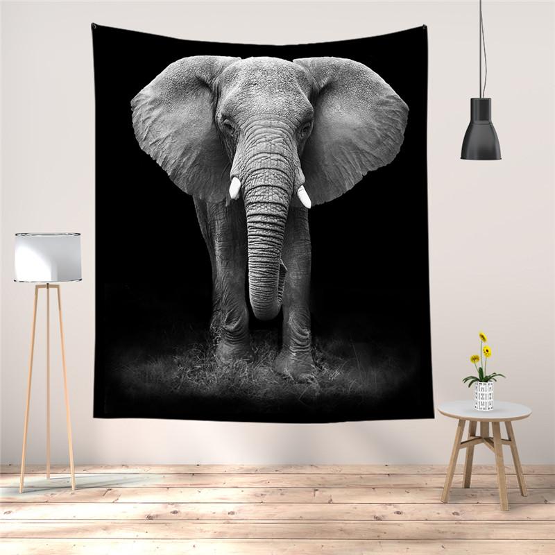 Black and White Elephant Print Pattern Tapestry Bohemian Style Wall Hanging Mandala Polyester Living Room Decoration Tapestry