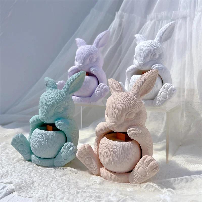 Top Quality Creative Rabbit Shape Hollow Candle Holder Silicone Mold Set for DIY Candle Crafting Durable Concrete Plaster Molds